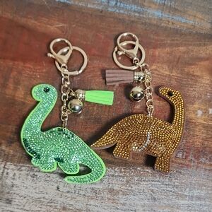 Dinosaur Key Chains Purse Bag Charm Green Brown Sparkle Glitter NWOT